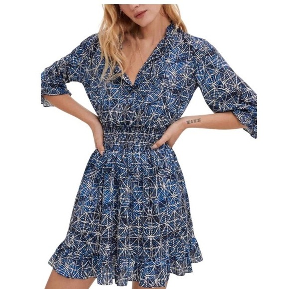 Maje Paris Blue Abstract Print Smocked Waist Mini Dress Size 40 - Picture 1 of 13